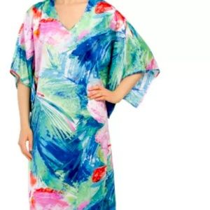 NEW! NATORI EXQUISITE TURQUOISE PALM FLORAL CAFTAN